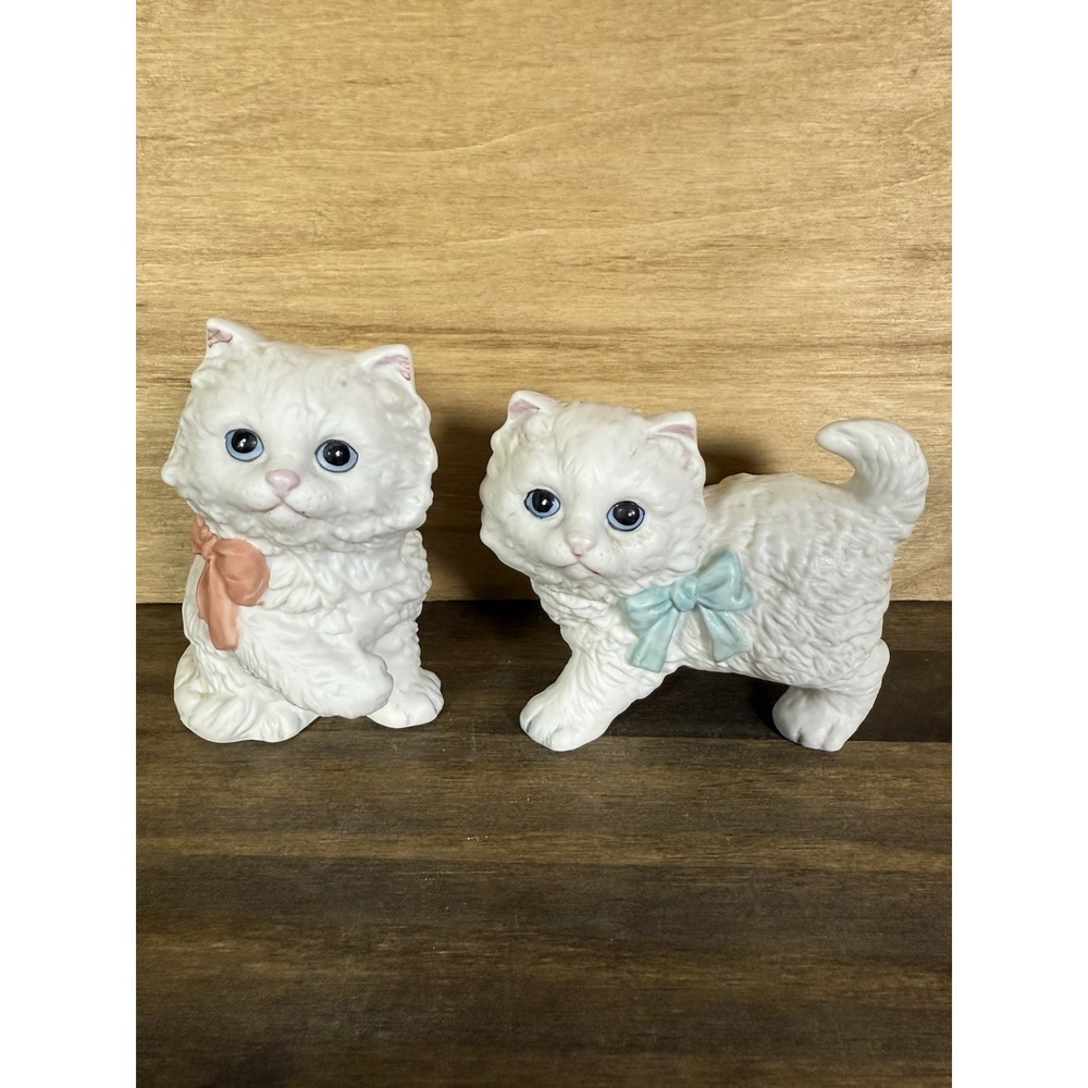 Homco‎ Porcelain White Persian Kittens Figurines Colored Bows 1428 Vintage